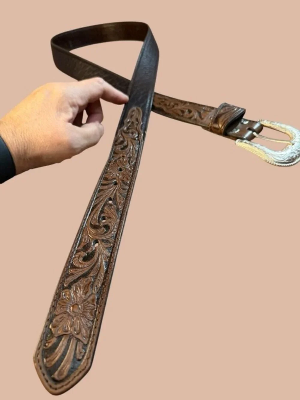 Nocona Vintage Brown Floral Hand-Tooled Western Leather Belt Size 46